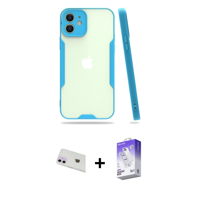 MARSİLYAN™- iPhone 12 Kılıf Atlas Asil Serisi - Siyah Bilvis 5in1 3D Magic Cam Ekran Koruyucu + Rainbow Kamera Lens Koruma Cam - MR