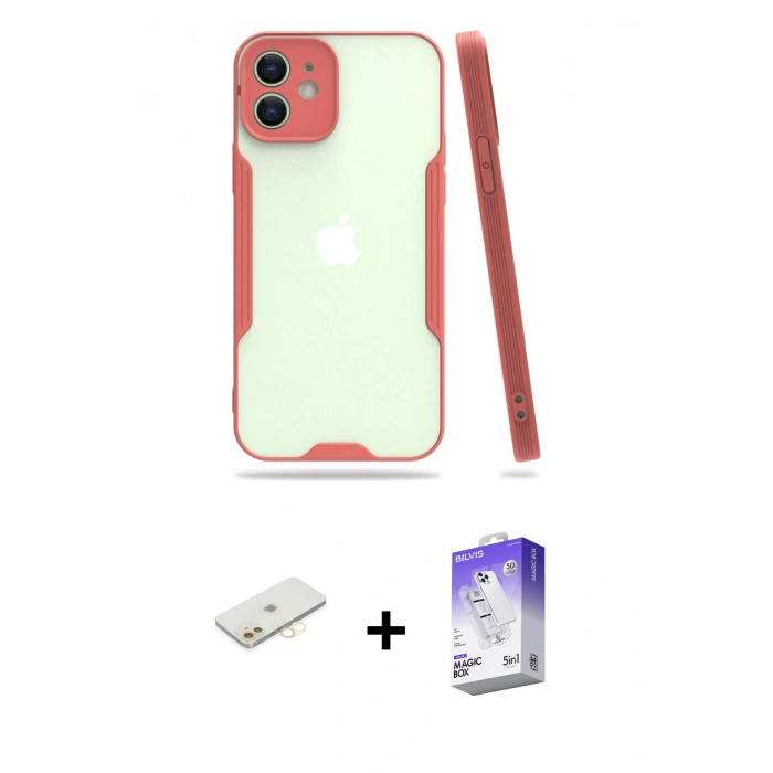 MARSİLYAN™- iPhone 12 Kılıf Atlas Asil Serisi - Siyah Bilvis 5in1 3D Magic Cam Ekran Koruyucu + Renkli Kamera Lens Koruma Cam - SI