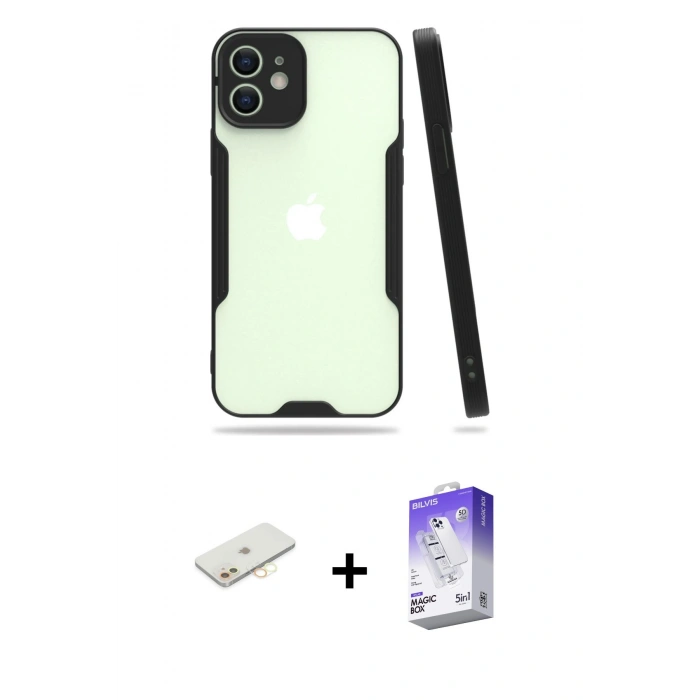 MARSİLYAN™- iPhone 12 Kılıf Atlas Asil Serisi - Siyah Bilvis 5in1 3D Magic Cam Ekran Koruyucu + Renkli Kamera Lens Koruma Cam - SI