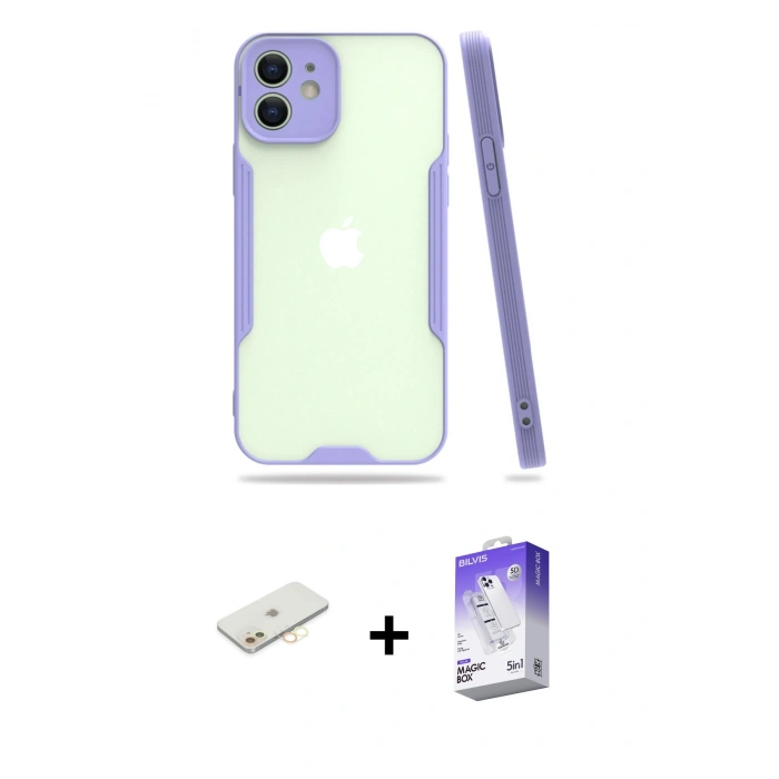 MARSİLYAN™- iPhone 12 Kılıf Atlas Asil Serisi - Siyah Bilvis 5in1 3D Magic Cam Ekran Koruyucu + Renkli Kamera Lens Koruma Cam - SI