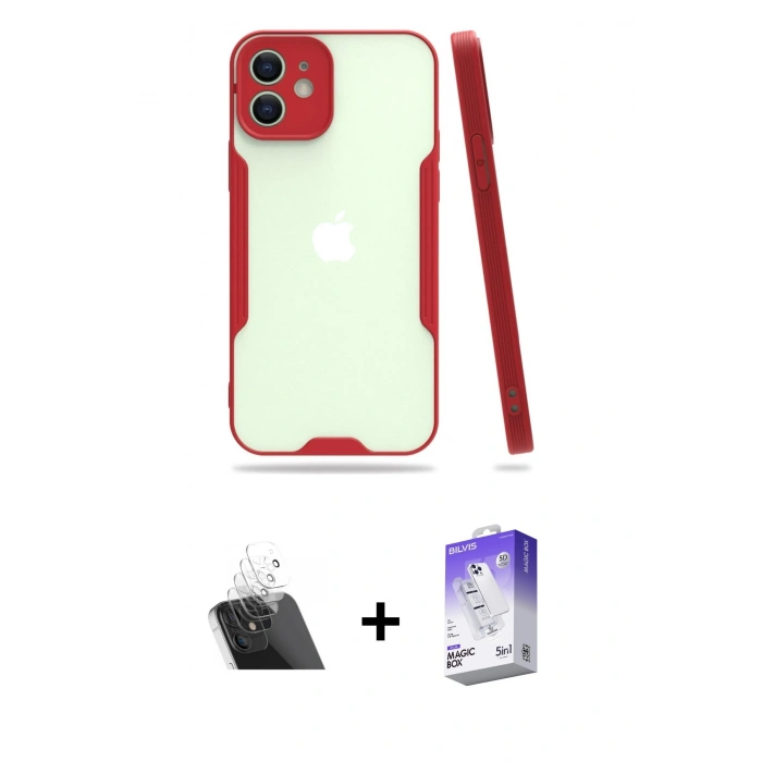 MARSİLYAN™- iPhone 12 Kılıf Atlas Asil Serisi - Siyah Bilvis 5in1 3D Magic Cam Ekran Koruyucu + Kamera Lens Koruma Cam - SF