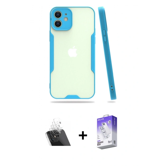 MARSİLYAN™- iPhone 12 Kılıf Atlas Asil Serisi - Siyah Bilvis 5in1 3D Magic Cam Ekran Koruyucu + Kamera Lens Koruma Cam - SF