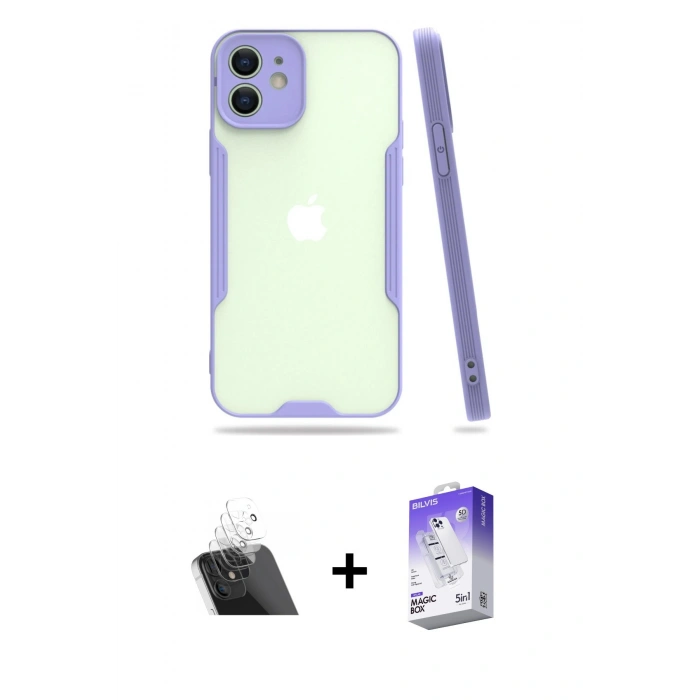 MARSİLYAN™- iPhone 12 Kılıf Atlas Asil Serisi - Siyah Bilvis 5in1 3D Magic Cam Ekran Koruyucu + Kamera Lens Koruma Cam - SF