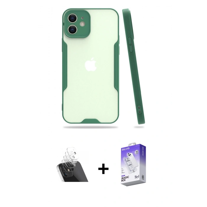 MARSİLYAN™- iPhone 12 Kılıf Atlas Asil Serisi - Siyah Bilvis 5in1 3D Magic Cam Ekran Koruyucu + Kamera Lens Koruma Cam - SF