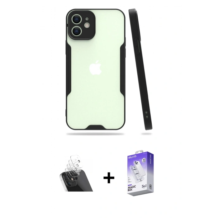 MARSİLYAN™- iPhone 12 Kılıf Atlas Asil Serisi - Siyah Bilvis 5in1 3D Magic Cam Ekran Koruyucu + Kamera Lens Koruma Cam - SF