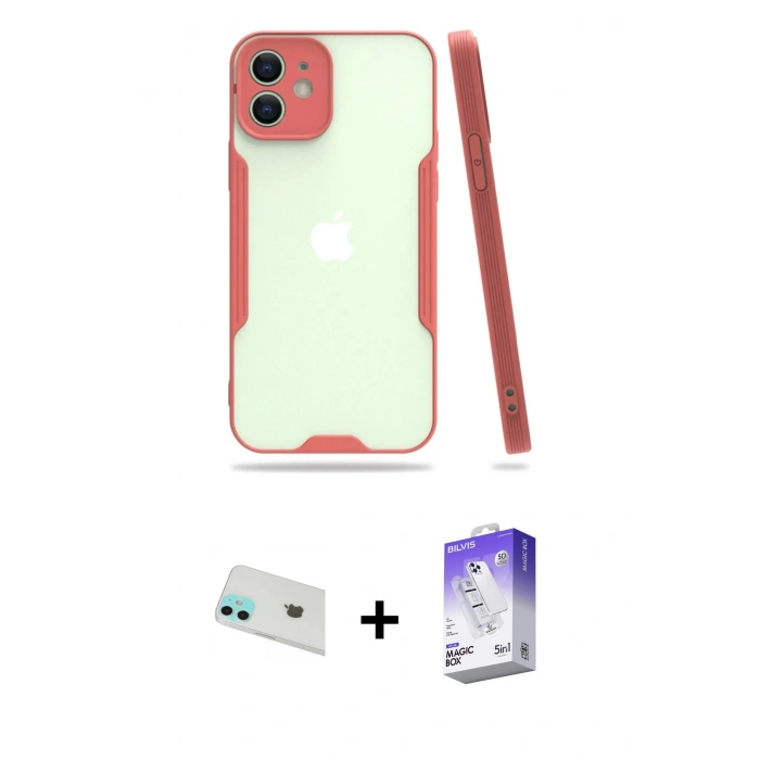 MARSİLYAN™- iPhone 12 Kılıf Atlas Asil Serisi - Siyah Bilvis 5in1 3D Magic Cam Ekran Koruyucu + Rainbow Kamera Lens Koruma Cam - YL