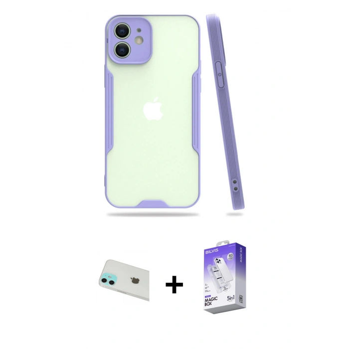 MARSİLYAN™- iPhone 12 Kılıf Atlas Asil Serisi - Siyah Bilvis 5in1 3D Magic Cam Ekran Koruyucu + Rainbow Kamera Lens Koruma Cam - YL