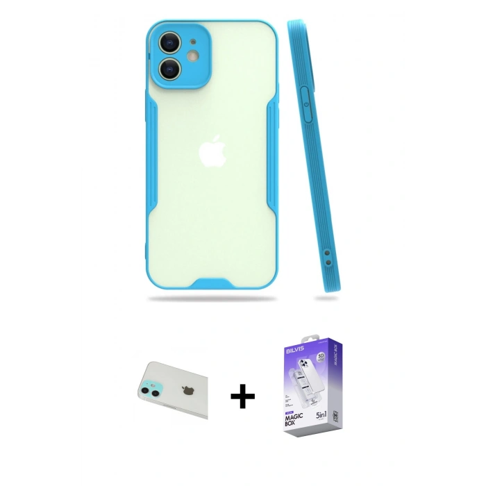 MARSİLYAN™- iPhone 12 Kılıf Atlas Asil Serisi - Siyah Bilvis 5in1 3D Magic Cam Ekran Koruyucu + Rainbow Kamera Lens Koruma Cam - YL