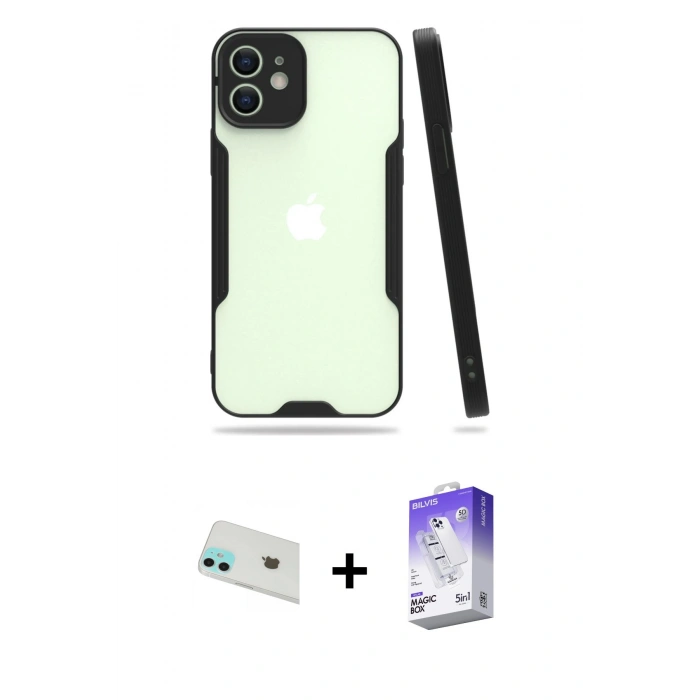 MARSİLYAN™- iPhone 12 Kılıf Atlas Asil Serisi - Siyah Bilvis 5in1 3D Magic Cam Ekran Koruyucu + Rainbow Kamera Lens Koruma Cam - YL