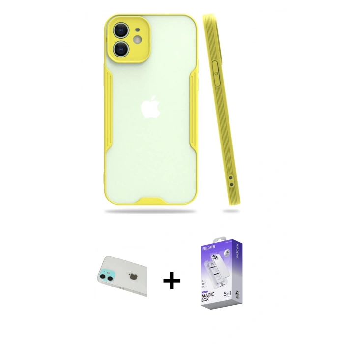 MARSİLYAN™- iPhone 12 Kılıf Atlas Asil Serisi - Siyah Bilvis 5in1 3D Magic Cam Ekran Koruyucu + Rainbow Kamera Lens Koruma Cam - YL