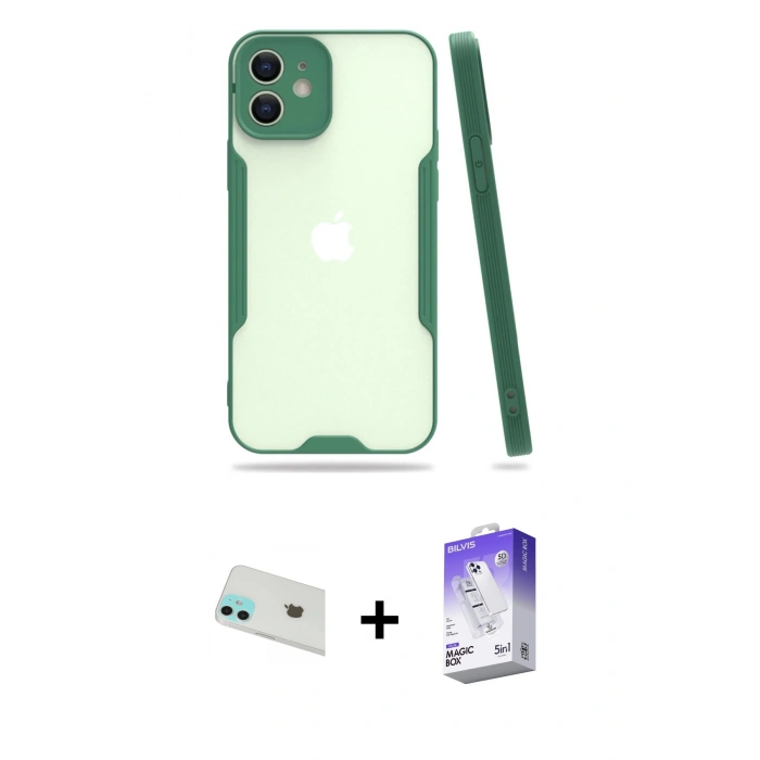 MARSİLYAN™- iPhone 12 Kılıf Atlas Asil Serisi - Siyah Bilvis 5in1 3D Magic Cam Ekran Koruyucu + Rainbow Kamera Lens Koruma Cam - YL