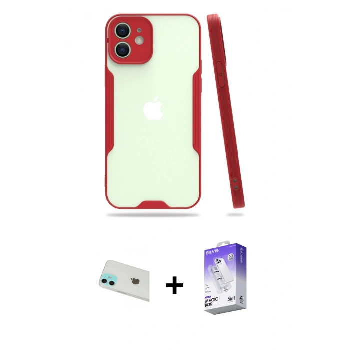 MARSİLYAN™- iPhone 12 Kılıf Atlas Asil Serisi - Siyah Bilvis 5in1 3D Magic Cam Ekran Koruyucu + Rainbow Kamera Lens Koruma Cam - YL