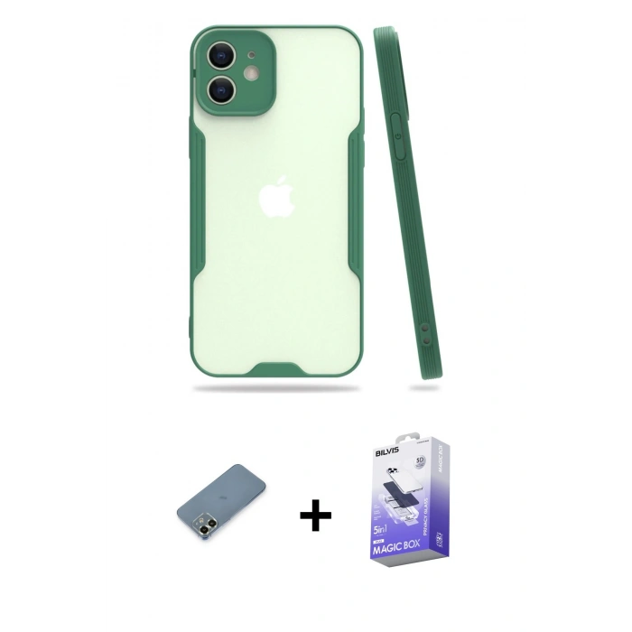 MARSİLYAN™- iPhone 12 Kılıf Atlas Asil Serisi - Siyah Bilvis 5in1 5D Magic Hayalet Cam Ekran Koruyucu + Metal Kamera Lens Koruma Cam - AKYL