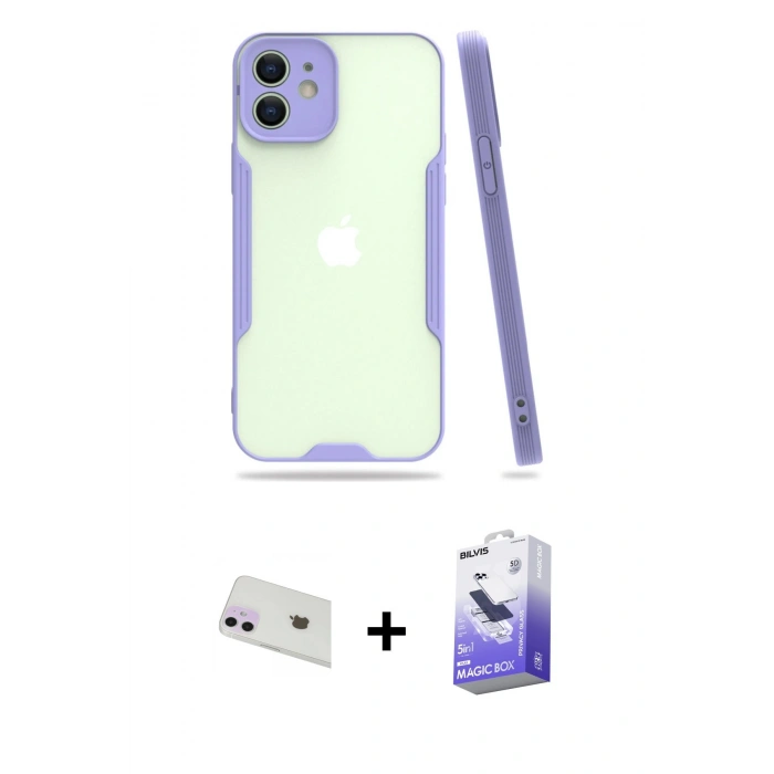 MARSİLYAN™- iPhone 12 Kılıf Atlas Asil Serisi - Siyah Bilvis 5in1 5D Magic Hayalet Cam Ekran Koruyucu + Rainbow Kamera Lens Koruma Cam - MR