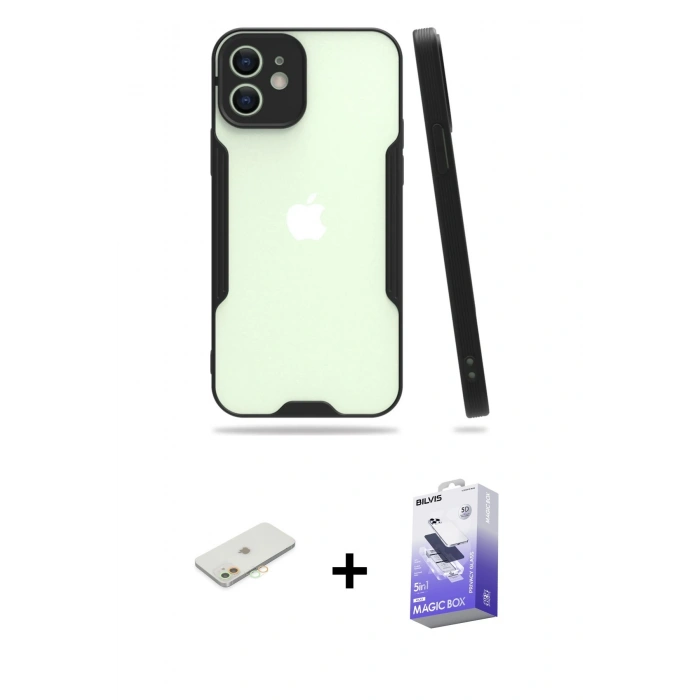 MARSİLYAN™- iPhone 12 Kılıf Atlas Asil Serisi - Siyah Bilvis 5in1 5D Magic Hayalet Cam Ekran Koruyucu + Renkli Kamera Lens Koruma Cam - TU