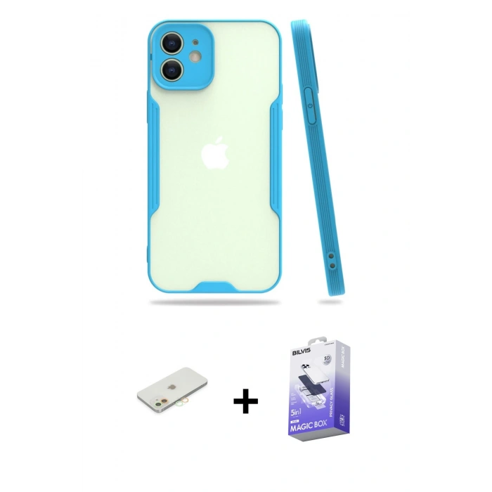 MARSİLYAN™- iPhone 12 Kılıf Atlas Asil Serisi - Siyah Bilvis 5in1 5D Magic Hayalet Cam Ekran Koruyucu + Renkli Kamera Lens Koruma Cam - TU