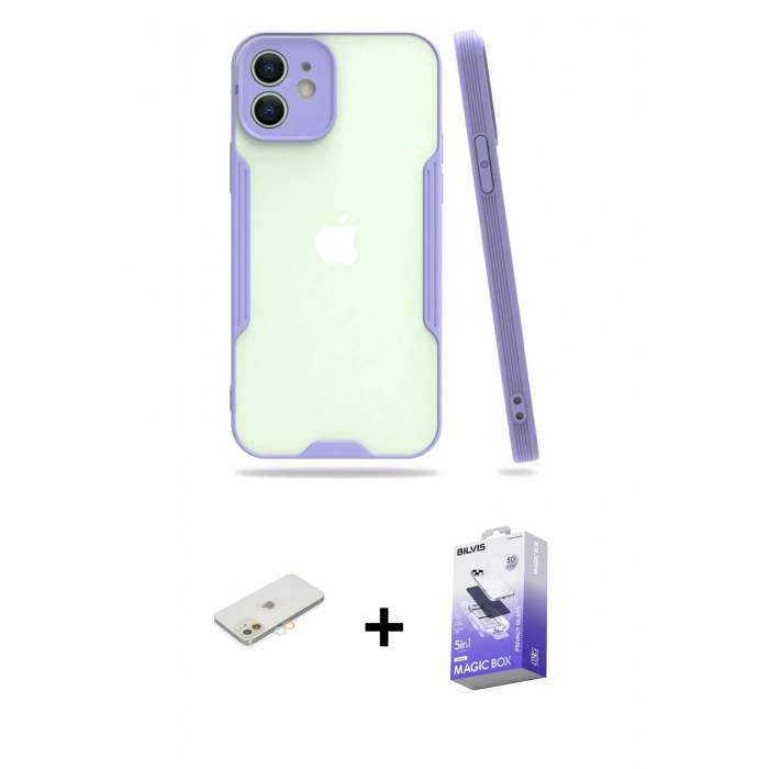 MARSİLYAN™- iPhone 12 Kılıf Atlas Asil Serisi - Siyah Bilvis 5in1 5D Magic Hayalet Cam Ekran Koruyucu + Renkli Kamera Lens Koruma Cam - TU
