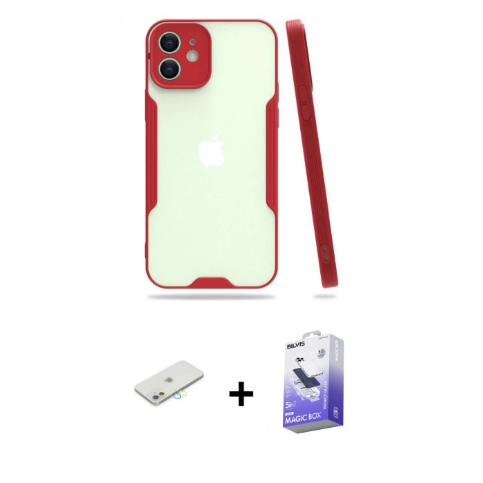 MARSİLYAN™- iPhone 12 Kılıf Atlas Asil Serisi - Siyah Bilvis 5in1 5D Magic Hayalet Cam Ekran Koruyucu + Renkli Kamera Lens Koruma Cam - SI