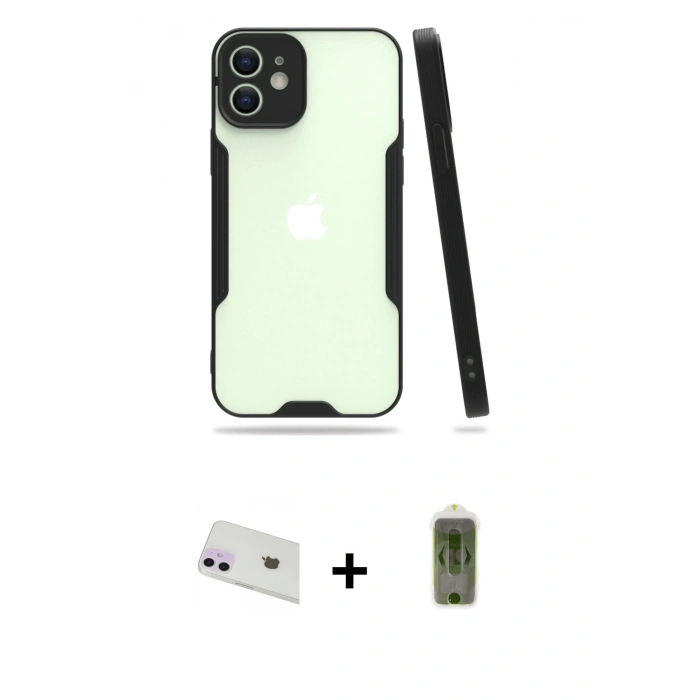 MARSİLYAN™- iPhone 12 Kılıf Atlas Asil Serisi - Siyah Joko Magic 5D Hayalet Cam + Rainbow Kamera Lens Koruma Cam - MR