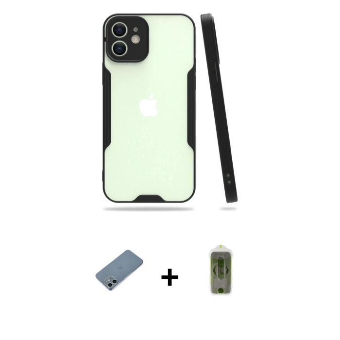 MARSİLYAN™- iPhone 12 Kılıf Atlas Asil Serisi - Siyah Joko Magic 5D Hayalet Cam + Shine Kamera Lens Koruma Cam - SABE