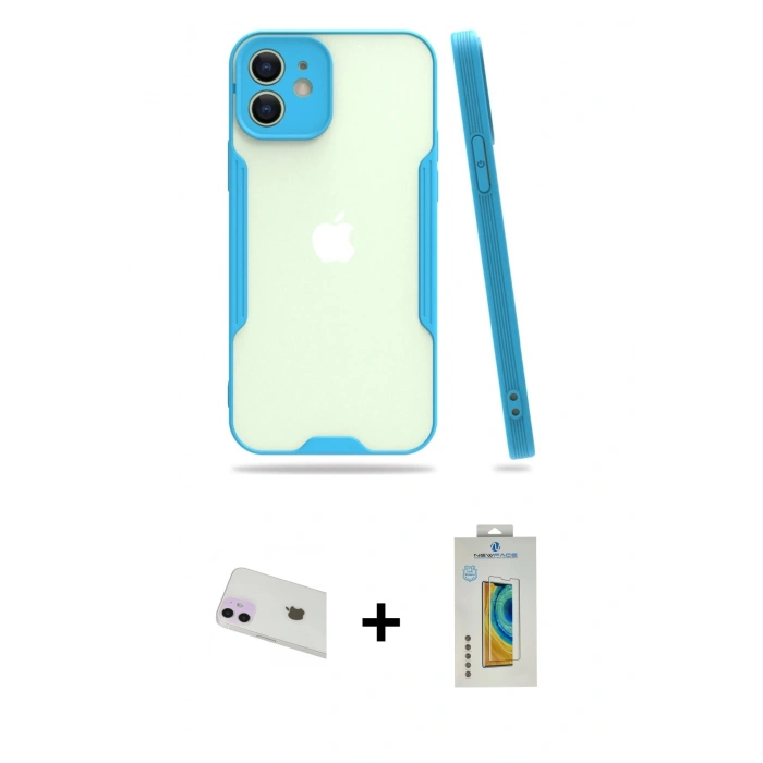 MARSİLYAN™- iPhone 12 Kılıf Atlas Asil Serisi - Siyah Polymer Nano Ekran Koruyucu + Rainbow Kamera Lens Koruma Cam - MR