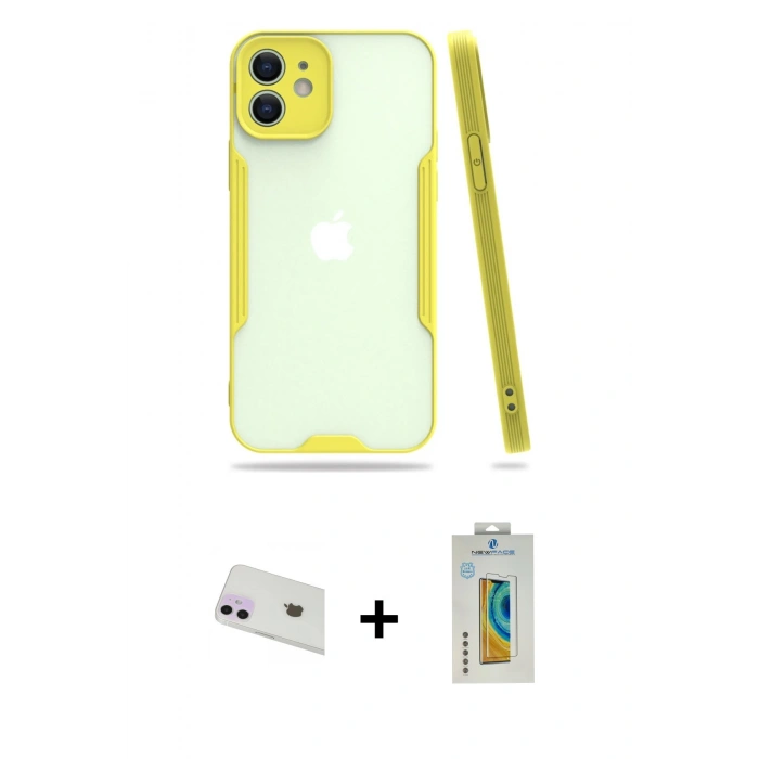 MARSİLYAN™- iPhone 12 Kılıf Atlas Asil Serisi - Siyah Polymer Nano Ekran Koruyucu + Rainbow Kamera Lens Koruma Cam - MR