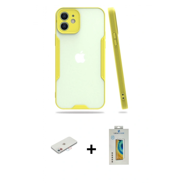 MARSİLYAN™- iPhone 12 Kılıf Atlas Asil Serisi - Siyah Polymer Nano Ekran Koruyucu + Renkli Kamera Lens Koruma Cam - PE