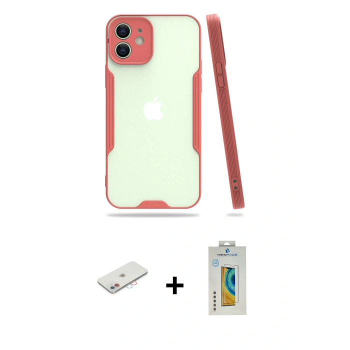 MARSİLYAN™- iPhone 12 Kılıf Atlas Asil Serisi - Siyah Polymer Nano Ekran Koruyucu + Renkli Kamera Lens Koruma Cam - PE
