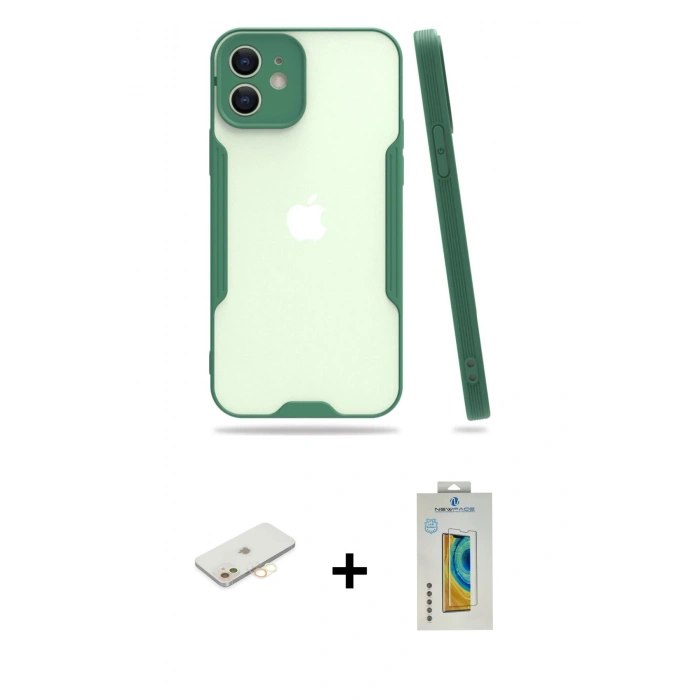 MARSİLYAN™- iPhone 12 Kılıf Atlas Asil Serisi - Siyah Polymer Nano Ekran Koruyucu + Renkli Kamera Lens Koruma Cam - SI