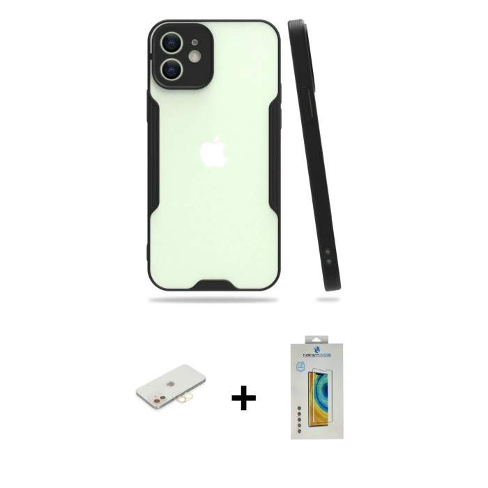 MARSİLYAN™- iPhone 12 Kılıf Atlas Asil Serisi - Siyah Polymer Nano Ekran Koruyucu + Renkli Kamera Lens Koruma Cam - SI