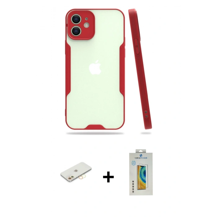 MARSİLYAN™- iPhone 12 Kılıf Atlas Asil Serisi - Siyah Polymer Nano Ekran Koruyucu + Renkli Kamera Lens Koruma Cam - SI