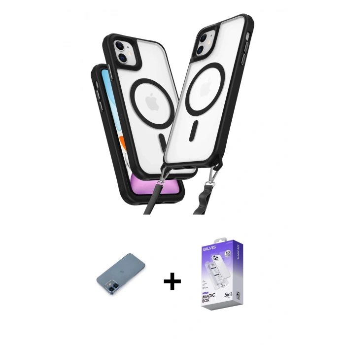 MARSİLYAN™- iPhone 12 Kılıf Atlas Doku Koleksiyonu - Siyah Bilvis 5in1 3D Magic Cam Ekran Koruyucu + Metal Kamera Lens Koruma Cam - MI