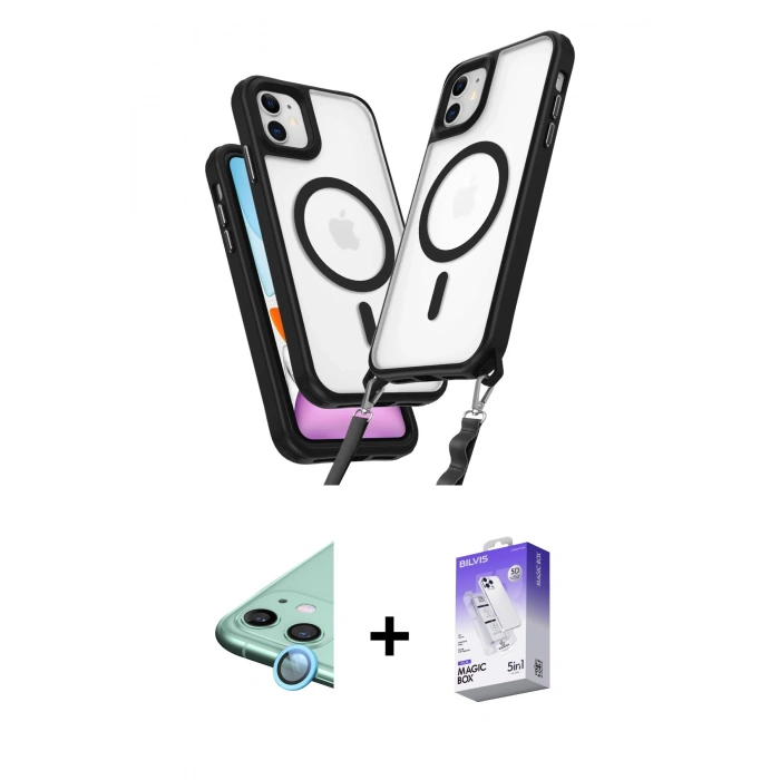 MARSİLYAN™- iPhone 12 Kılıf Atlas Doku Koleksiyonu - Siyah Bilvis 5in1 3D Magic Cam Ekran Koruyucu + Raze Metal Kamera Lens - MI