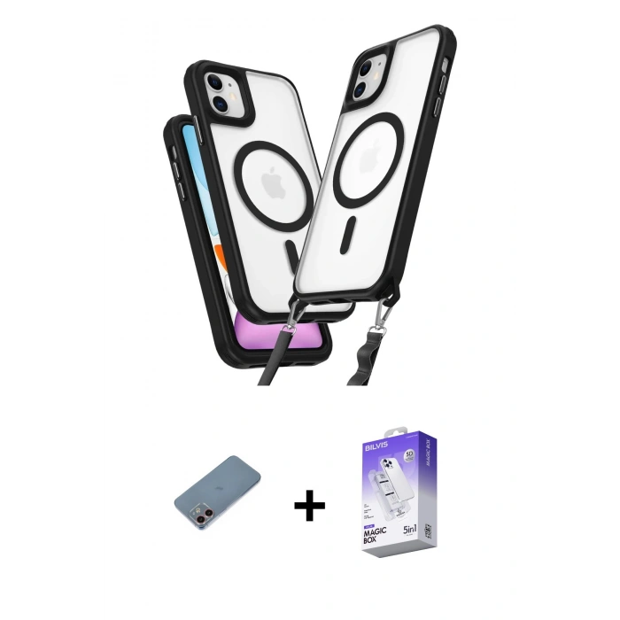 MARSİLYAN™- iPhone 12 Kılıf Atlas Doku Koleksiyonu - Siyah Bilvis 5in1 3D Magic Cam Ekran Koruyucu + Shine Kamera Lens Koruma Cam - PE