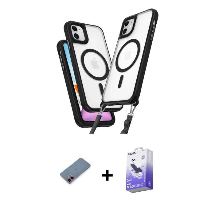 MARSİLYAN™- iPhone 12 Kılıf Atlas Doku Koleksiyonu - Siyah Bilvis 5in1 5D Magic Hayalet Cam Ekran Koruyucu + Metal Kamera Lens Koruma Cam - KI