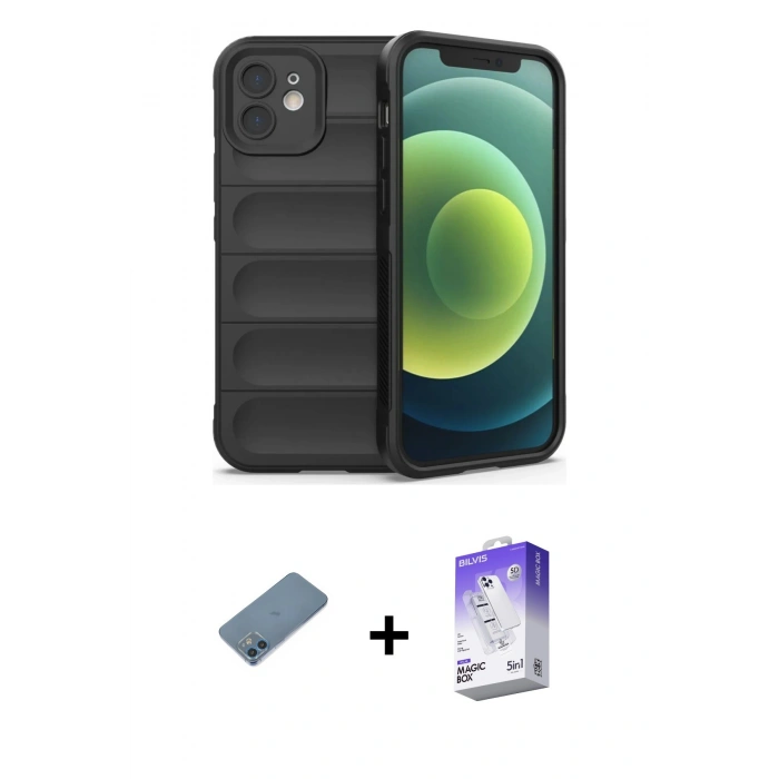 MARSİLYAN™- iPhone 12 Kılıf Atlas Koleksiyonu - Siyah Bilvis 5in1 3D Magic Cam Ekran Koruyucu + Shine Kamera Lens Koruma Cam - MI