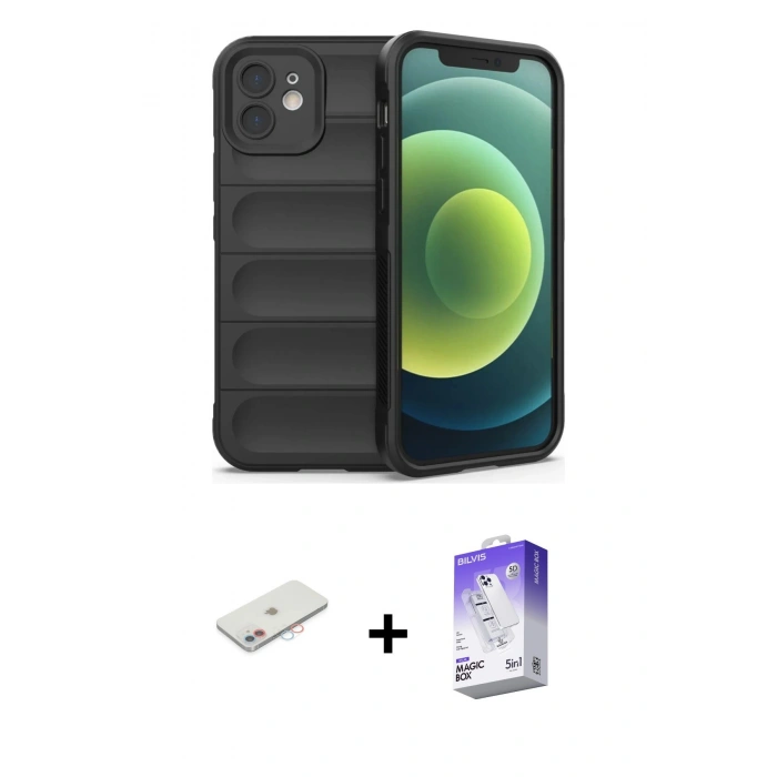 MARSİLYAN™- iPhone 12 Kılıf Atlas Koleksiyonu - Siyah Bilvis 5in1 3D Magic Cam Ekran Koruyucu + Renkli Kamera Lens Koruma Cam - PE