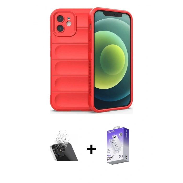 MARSİLYAN™- iPhone 12 Kılıf Atlas Koleksiyonu - Siyah Bilvis 5in1 3D Magic Cam Ekran Koruyucu + Şeffaf Kamera Lens Koruma Cam