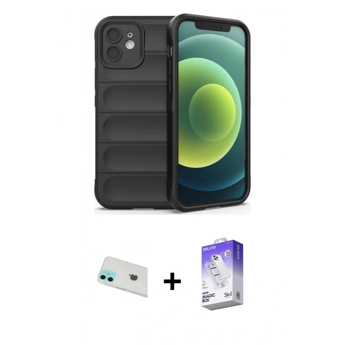 MARSİLYAN™- iPhone 12 Kılıf Atlas Koleksiyonu - Siyah Bilvis 5in1 3D Magic Cam Ekran Koruyucu + Rainbow Kamera Lens Koruma Cam - YL