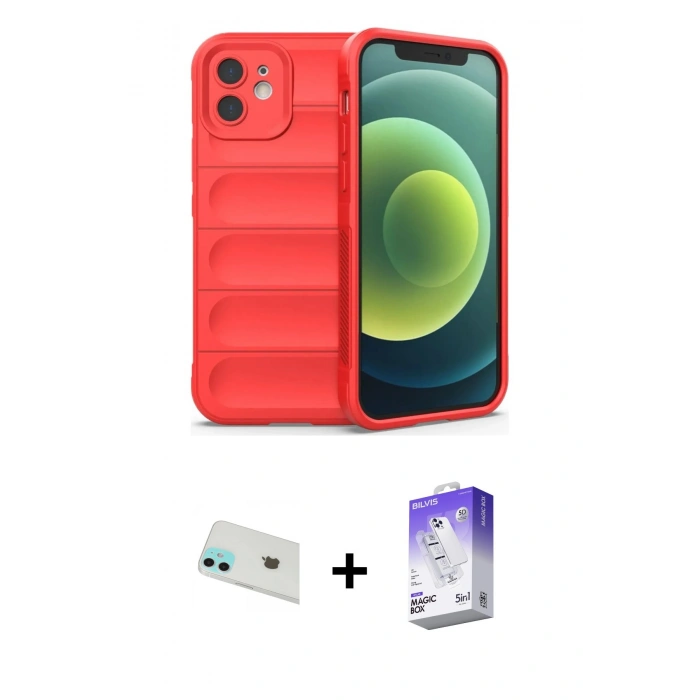 MARSİLYAN™- iPhone 12 Kılıf Atlas Koleksiyonu - Siyah Bilvis 5in1 3D Magic Cam Ekran Koruyucu + Rainbow Kamera Lens Koruma Cam - YL