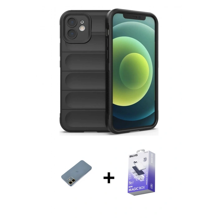 MARSİLYAN™- iPhone 12 Kılıf Atlas Koleksiyonu - Siyah Bilvis 5in1 5D Magic Hayalet Cam Ekran Koruyucu + Shine Kamera Lens Koruma Cam - GD