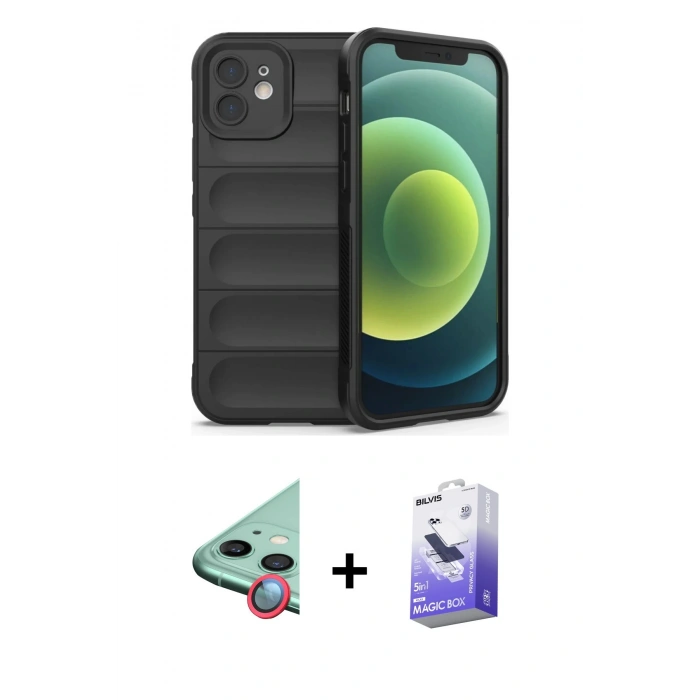 MARSİLYAN™- iPhone 12 Kılıf Atlas Koleksiyonu - Siyah Bilvis 5in1 5D Magic Hayalet Cam Ekran Koruyucu + Raze Metal Kamera Lens - KI