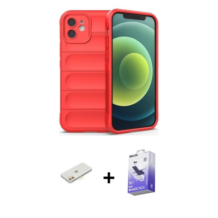 MARSİLYAN™- iPhone 12 Kılıf Atlas Koleksiyonu - Siyah Bilvis 5in1 5D Magic Hayalet Cam Ekran Koruyucu + Renkli Kamera Lens Koruma Cam - TU