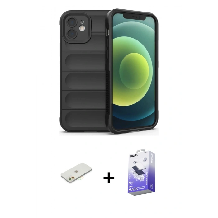 MARSİLYAN™- iPhone 12 Kılıf Atlas Koleksiyonu - Siyah Bilvis 5in1 5D Magic Hayalet Cam Ekran Koruyucu + Renkli Kamera Lens Koruma Cam - TU