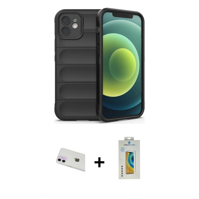 MARSİLYAN™- iPhone 12 Kılıf Atlas Koleksiyonu - Siyah Polymer Nano Ekran Koruyucu + Rainbow Kamera Lens Koruma Cam - MR
