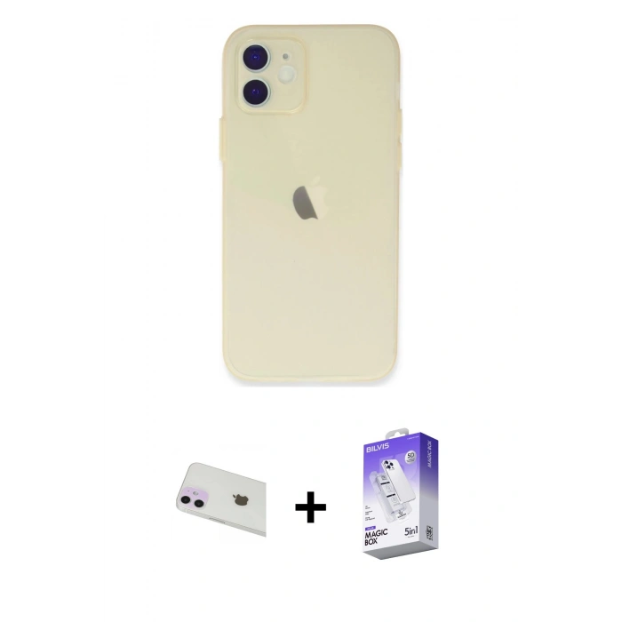 MARSİLYAN™- iPhone 12 Kılıf Atlas Minimal Prime - Siyah Bilvis 5in1 3D Magic Cam Ekran Koruyucu + Mor Rainbow Kamera Lens Koruma Cam