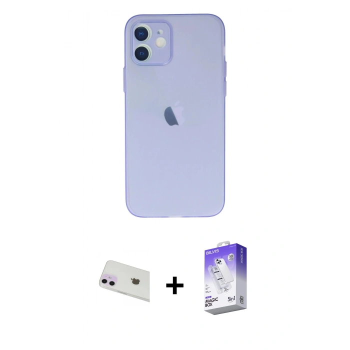 MARSİLYAN™- iPhone 12 Kılıf Atlas Minimal Prime - Siyah Bilvis 5in1 3D Magic Cam Ekran Koruyucu + Mor Rainbow Kamera Lens Koruma Cam