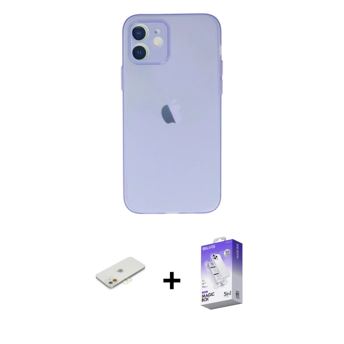 MARSİLYAN™- iPhone 12 Kılıf Atlas Minimal Prime - Siyah Bilvis 5in1 3D Magic Cam Ekran Koruyucu + Turuncu Renkli Kamera Lens Koruma Cam