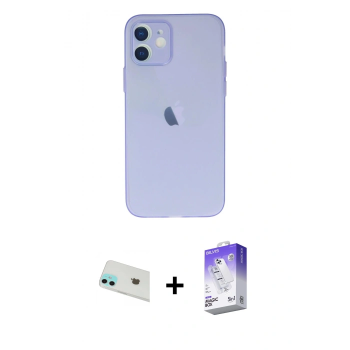 MARSİLYAN™- iPhone 12 Kılıf Atlas Minimal Prime - Siyah Bilvis 5in1 3D Magic Cam Ekran Koruyucu + Rainbow Kamera Lens Koruma Cam - YL