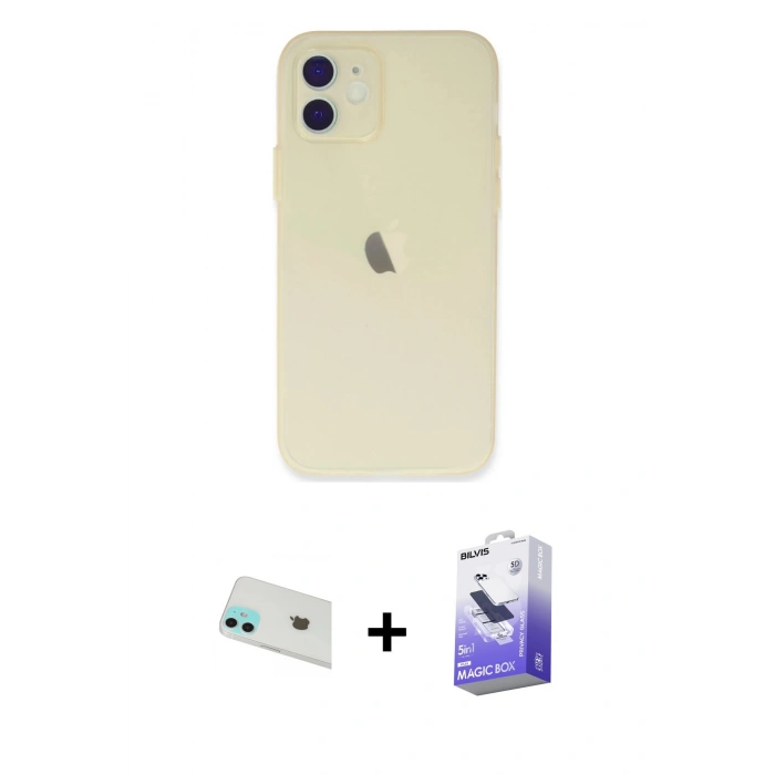 MARSİLYAN™- iPhone 12 Kılıf Atlas Minimal Prime - Siyah Bilvis 5in1 5D Magic Hayalet Cam Ekran Koruyucu + Rainbow Kamera Lens Koruma Cam - YL